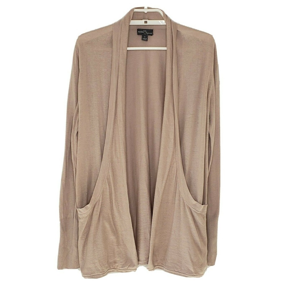 Market & Spruce Sweater Cardigan Small Long Sleeve Tan Lace Elbow Linen Blend
